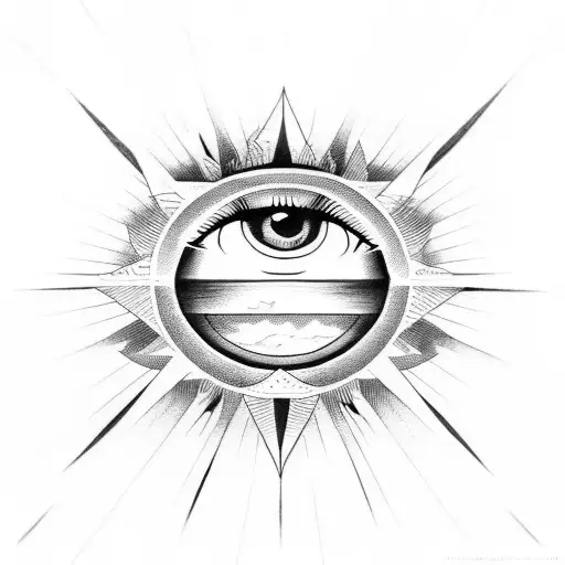 3 lines with evil eye, serenity prayer written in between lines and the sun in background tattoo design idea