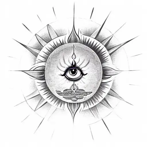 trishul with shiv's eye on top of om, serenity prayer written in between lines and the sun in background tattoo design idea