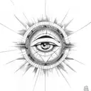 3 lines with evil eye, serenity prayer written in between lines and the sun in background tattoo design idea