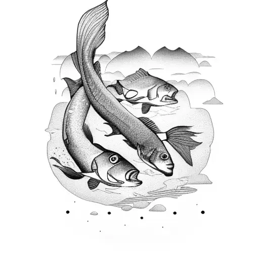 A black and grey depiction of a Virgo maiden and a Pisces fish sharing a meal at a lakeside cabin tattoo design idea