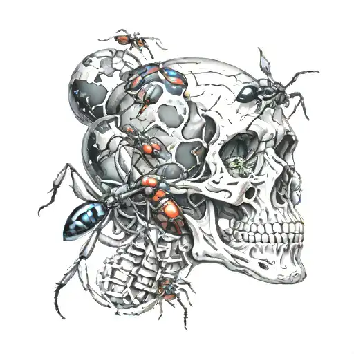 ant , space, planet, human skull tattoo design idea