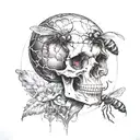 ant , space, planet, human skull tattoo design idea