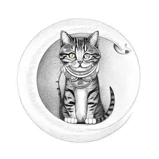 A cat sitting on a crescent moon with musical notes floating around tattoo design idea