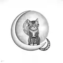 A cat sitting on a crescent moon with musical notes floating around tattoo design idea
