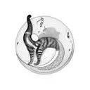 A cat sitting on a crescent moon with musical notes floating around tattoo design idea