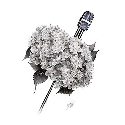 microphone surrounded by Hydrangeas  tattoo design idea