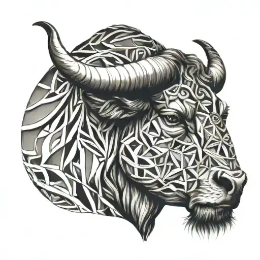 tattoo Taurus Bull Head Zodiac half right Geometric draw style, half left realism draw style. tattoo design idea