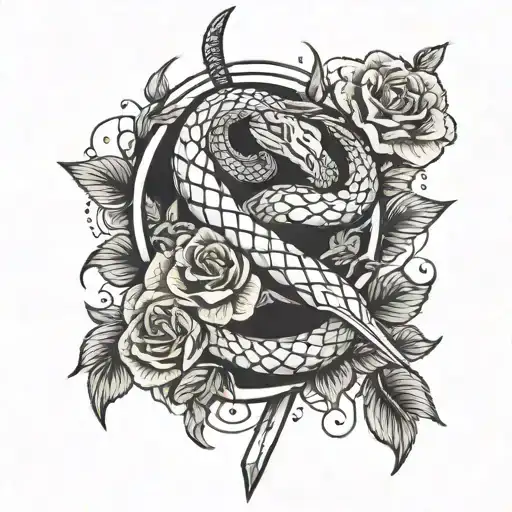 a snake wrapped round a sword and a few roses here and there tattoo design idea
