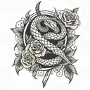 a snake wrapped round a sword and a few roses here and there tattoo design idea