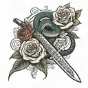 a snake wrapped round a sword and a few roses here and there tattoo design idea