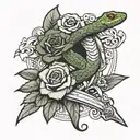 a snake wrapped round a sword and a few roses here and there tattoo design idea