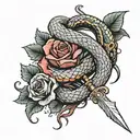a snake wrapped round a sword and a few roses here and there tattoo design idea