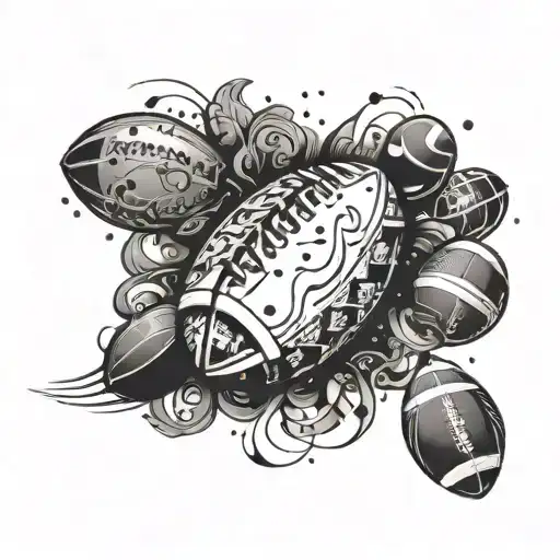 A sad face transforming into a happy face, with musical notes and rugby balls as the elements of change, representing the client's emotions and passions tattoo design idea