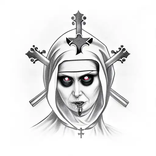 possesed nun with broken rosary beads stabbed with a sharpened cross tattoo design idea