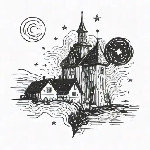 black and white starry night by van gogh tattoo design idea
