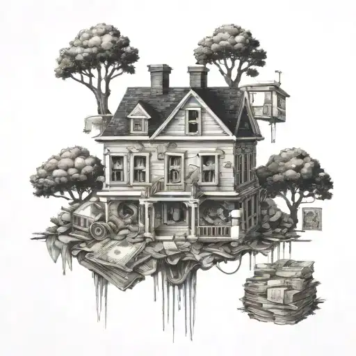 A detailed tattoo of a trap house surrounded by stacks of money and plugs intertwined within the design tattoo design idea