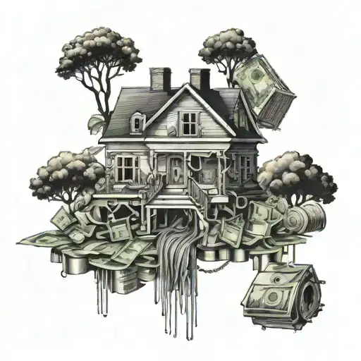 A detailed tattoo of a trap house surrounded by stacks of money and plugs intertwined within the design tattoo design idea