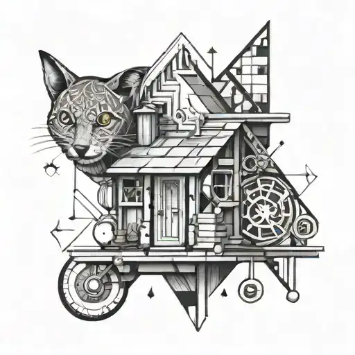 A geometric tattoo design incorporating trap house elements, plugs, and money symbols in a blackwork style tattoo design idea