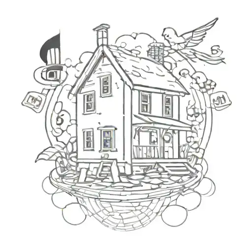 A sketch-style tattoo of a trap house with music notes and dollar bills floating around it, symbolizing your love for trap music and money tattoo design idea