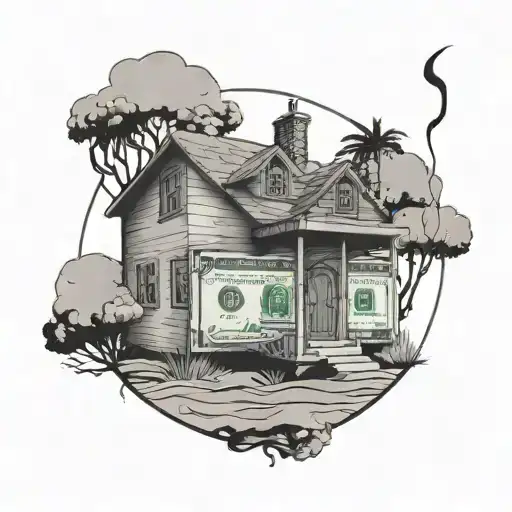 A minimalist tattoo of a dollar sign morphing into a trap house silhouette, done in black-grey style tattoo design idea