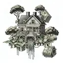 A detailed tattoo of a trap house surrounded by stacks of money and plugs intertwined within the design tattoo design idea