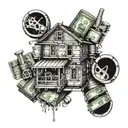 A detailed tattoo of a trap house surrounded by stacks of money and plugs intertwined within the design tattoo design idea