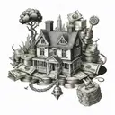 A detailed tattoo of a trap house surrounded by stacks of money and plugs intertwined within the design tattoo design idea