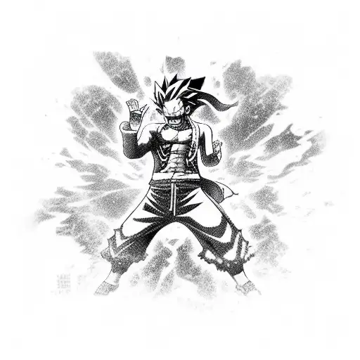 Combine characters from One Piece, Dragonball, and Naruto in a dynamic action pose tattoo design idea