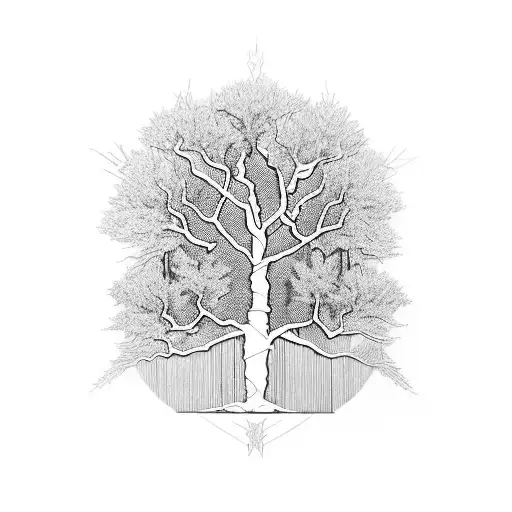 A blackwork design featuring a family tree made up of ash tree branches, with each branch representing a different family member tattoo design idea