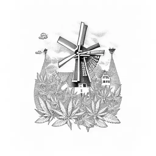 A dotwork tattoo of a Dutch windmill surrounded by marijuana leaves, paying homage to Amsterdam's culture and cannabis legalization tattoo design idea