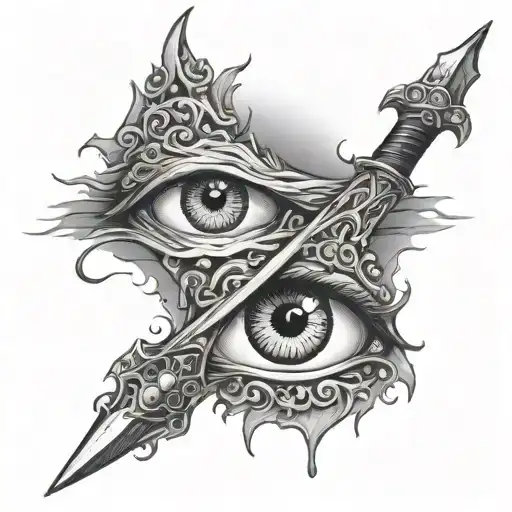 Sword going through an eye coming out the other side while the eye sheds tears tattoo design idea