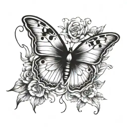 sketch of a butterfly tattoo with a small flower arrangement in black and white colors tattoo design idea