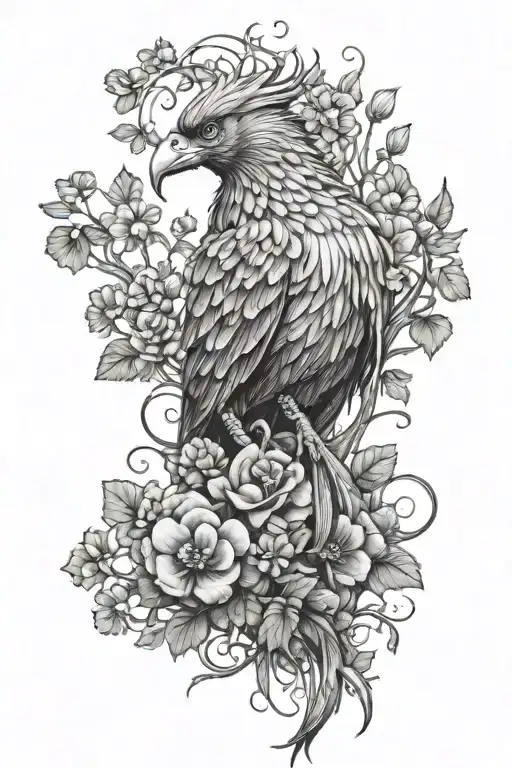 Phoenix rising up from a bed of clovers growing, while holding a clover in its beak surrounded by vines in black & white tattoo design idea