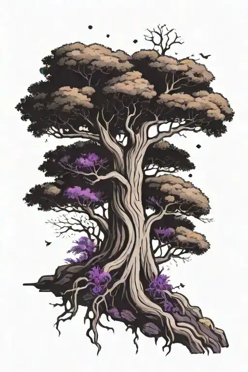 A line work cypress tree with roots. The roots are purple amethyst. There is a pink sloth and a lion playing by the tree tattoo design idea
