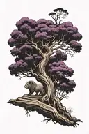 A line work cypress tree with roots. The roots are purple amethyst. There is a pink sloth and a lion playing by the tree tattoo design idea