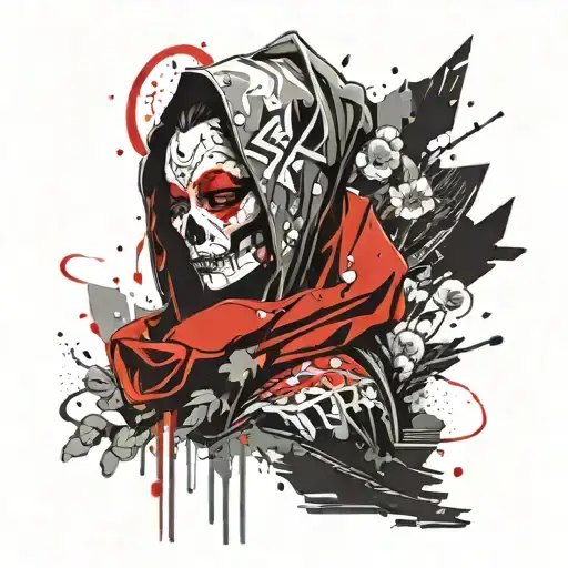geisha skull assassin woman with hood tattoo design idea
