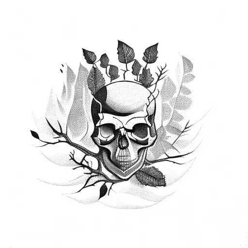 skull with plants and  tree branches stretched horizontally tattoo design idea
