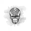 skull with plants and  tree branches stretched horizontally tattoo design idea