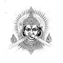 krishna with flute and chakra, looking fierce and strong, showing his beauty, with wolf and snake nearby tattoo design idea