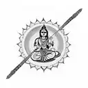 krishna with flute and chakra, looking fierce and strong, showing his beauty, with wolf and snake nearby tattoo design idea