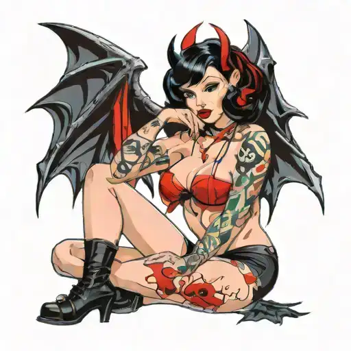pinup girl sitting, black hair, red highlights, black make up, bleeding eye make up, bat wings, ram horns, bikini tattoo design idea