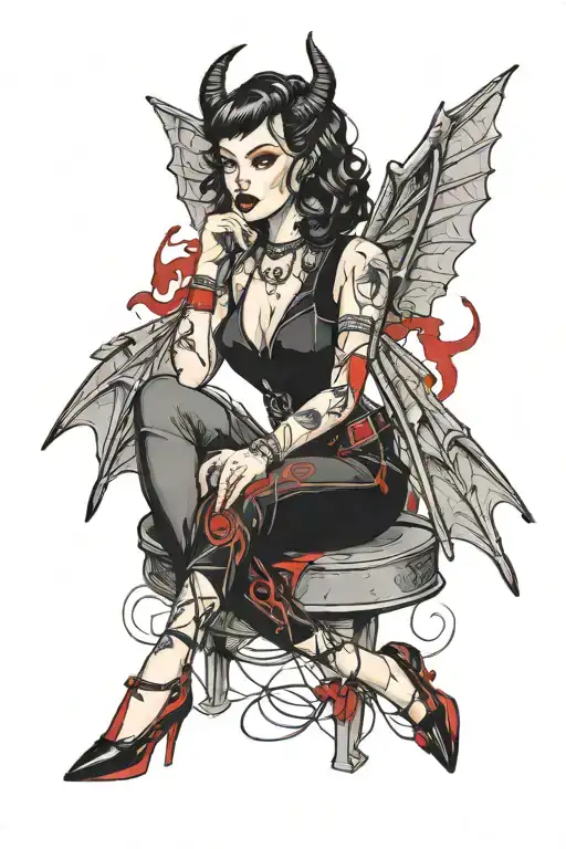 pinup girl sitting, black hair, red highlights, black make up and bleeding eye make up, with bat wings, ram horns, bikin tattoo design idea
