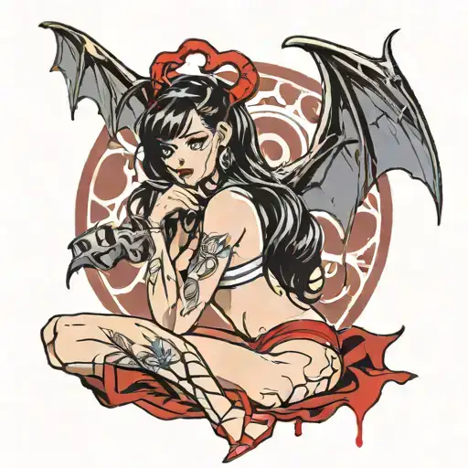 pinup girl sitting, long black hair, red highlights, black make up, bleeding eye make up, bat wings, ram horns, bikini tattoo design idea