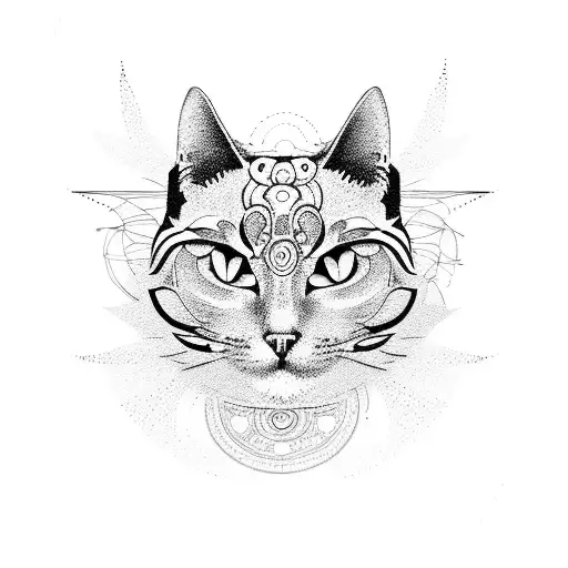 A dotwork tattoo of a cat silhouette surrounded by intricate mandala patterns tattoo design idea