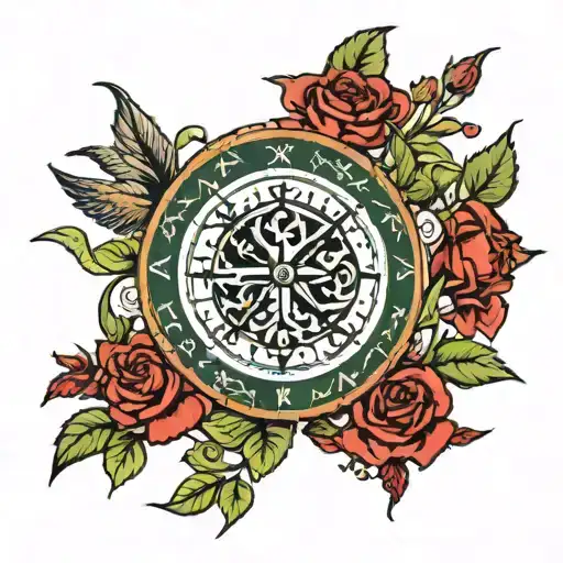 Viking Vegvisir symbol surrounded by red roses with green leaves with sailor jerry style swallows underneath tattoo design idea