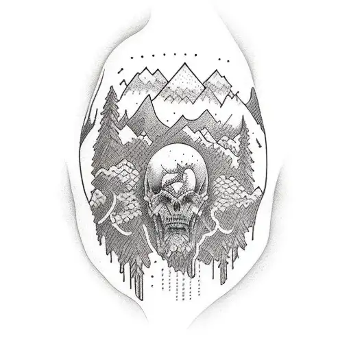 Mountains on the legs above the ankles and trees of hair, skin and meat tattoo design idea