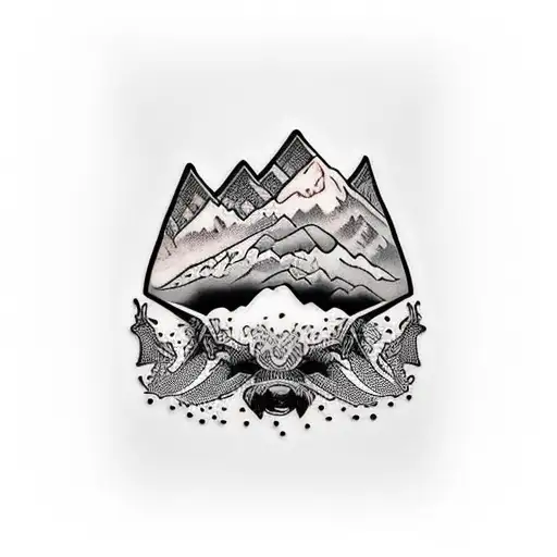 Mountains on the legs above the ankles and trees of hair, skin and meat tattoo design idea