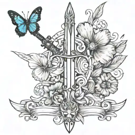a tattoo with a sword and a butterfly with burnt wings tattoo design idea