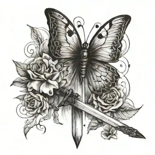 a tattoo with a sword and a butterfly with burnt wings tattoo design idea