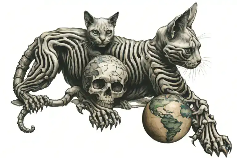 a skeleton cat holding a world tattoo design idea